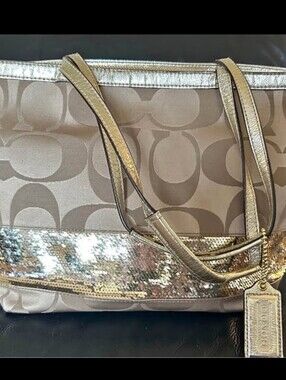 Coach Taupe Signature Tote with Gold Sequin Trim